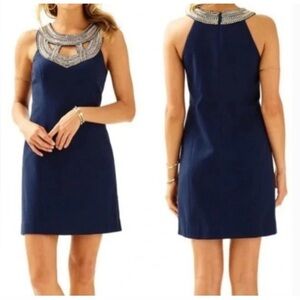 Size 8 Lilly Pulitzer “Carlton” shift mini dress navy blue beaded